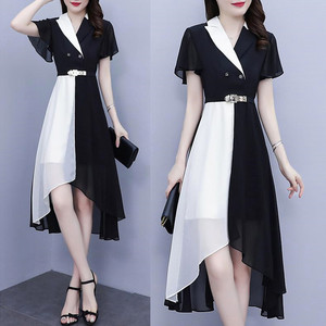 黑白撞色法式不规则雪纺连衣裙仙女神范夏大码显瘦气质惊艳设计感