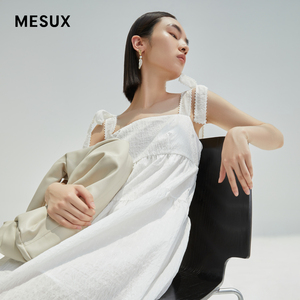 MESUX米岫一字肩平领提花长吊带绑带连衣裙女MKMUO210