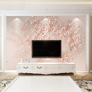 8d电视背景墙壁纸5d浮雕花立体墙纸壁画粉色温馨现代简约影视布