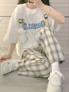夏季套装女学生韩版宽松印花短袖t恤上衣+格子阔腿裤活泼两件套