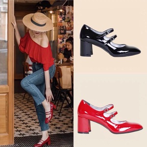 24新款纯原Carel玛丽珍女鞋漆皮红色高跟鞋法式复古粗跟时尚单鞋