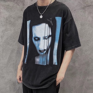 vintage玛丽莲曼森水洗vtg做旧高街tee复古宽松美式短袖t恤