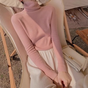 漂亮时尚的高领打底衫女秋冬内搭堆堆领针织上衣冬粉色高级感毛衣