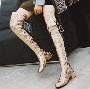 夜店中跟镜面漆皮靴亮面金色过膝长靴银色大腿靴粉色大码系带高靴