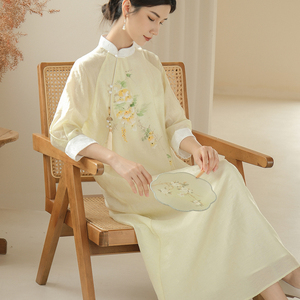 茶艺师服装民国改良旗袍连衣裙中国风禅意女装手绘仙气茶服女夏季