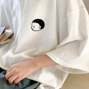 安妮森林 宝宝亲子t~头像印花t恤女2021微胖mm白色宽松圆领短袖夏