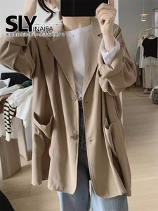 日本代购SLYINAISA简约西装外套女式春秋款中长款不规则纽扣上衣
