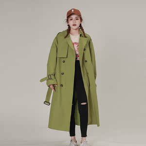 牛油果绿风衣外套女2022春季新款双排扣中长款外套小个子过膝大衣