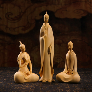黄杨木北魏三圣佛像禅意实木雕刻工艺品如来佛祖释迦摩尼桌面摆件