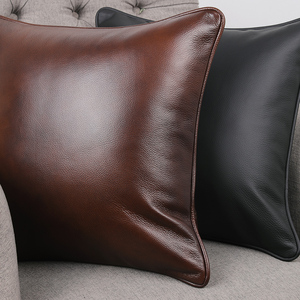 美式现代简约橙棕色真头层牛皮方形抱枕套客厅沙发真皮靠垫汽车腰