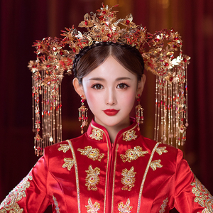 中式古装新品展会古典秀禾服大气长流苏凤冠红色唯美古风新娘头饰