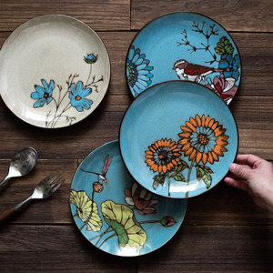 ahdi手绘创意菜盘家用牛排盘西餐盘平盘陶瓷盘子装饰挂墙盘子浅盘