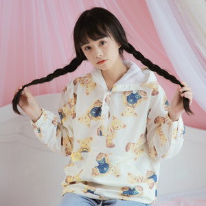 日系原宿 童话感小熊印花连帽宽松抽绳外套 软妹风衣秋季