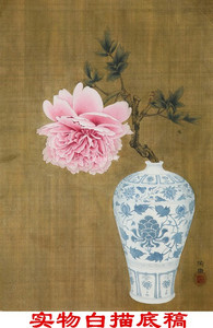 工笔画白描底稿牡丹花瓶白描稿山水国画线描临摹实物打印画稿421