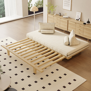 日式无床头沙发床实木可折叠抽拉两用坐卧伸缩多功能小户型拉伸床