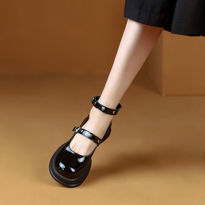 粗跟百搭圆头真皮复古单鞋女学院风jk制服小皮鞋增高厚底玛丽珍鞋