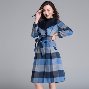 2021秋冬女装格子毛呢外套羊毛中长款品牌羊绒大衣正品修身加厚蓝