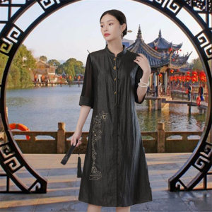 滴水玫瑰香云纱真丝连衣裙2022夏中老年妈妈立领刺大码绣桑蚕丝裙