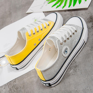 双色鸳鸯鞋2020春夏新款韩版帆布鞋女平低帮鞋拼接亮片学生板鞋子