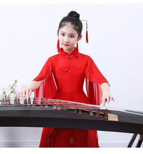 儿童款古筝演出服女中大童仙女飘逸中国风钢琴二胡表演服舞蹈长裙