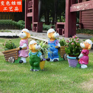 别墅庭院摆件户外花园动物装饰卡通推车小羊花缸树脂雕塑园林小品