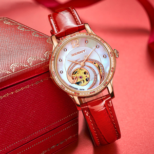 伯尼品牌红色真皮表带手表女士机械表全自动镂空新款时尚奢华防水