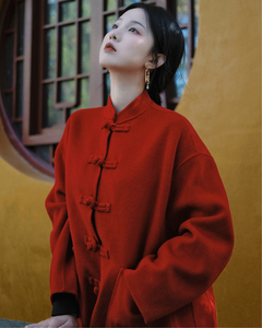 新中式过年服唐装红色羊绒大衣外套秋冬款女装中国风拜年服高级感