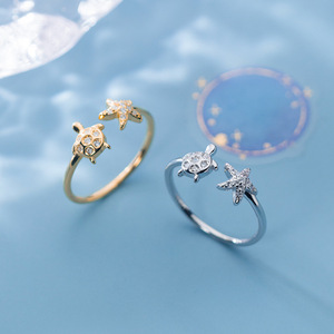 S925纯银戒指女韩版时尚可爱海星乌龟镶钻甜美开口指环指环介指