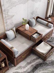 新中式伸缩罗汉床实木白蜡木塌带抽屉推拉多功能沙发床榻储物家具