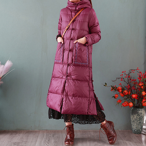 复古民族风盘扣羽绒服白鸭绒女冬季保暖加厚连帽刺绣长款外套宽松