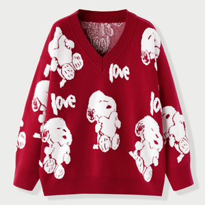 乐町2021年春季针织衫慵懒印花毛衣联名史努比v领线套衫c3eeb1102