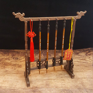 文昌笔架摆件 学业4支位毛笔挂实木金榜题名木雕四支学生桌面摆件