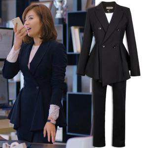 欢乐颂安迪刘涛同款荷叶边收腰小西装女中长款黑色职业西服外套