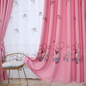 网红小猪佩奇卡通时尚绣花窗帘清新儿童房男女孩卧室蓝色粉色飘窗