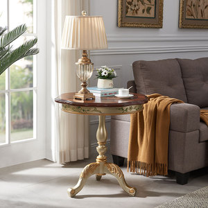 美式实木小圆桌客厅阳台桌子复古欧式沙发边几圆形法式小茶几家具