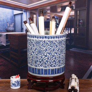 景德镇陶瓷器青花瓷箭筒花瓶直筒书画缸卷轴缸字画收纳雨伞桶画缸