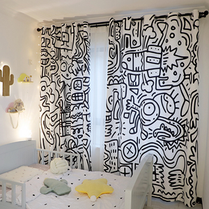 网红款卡通男孩黑白涂鸦儿童房卧室女孩少女窗帘遮光布免打孔安装