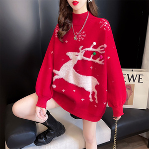 红色圣诞毛衣女2022新款小鹿秋冬宽松外穿慵懒风加厚中长针款织衫