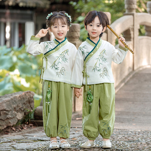 男女宝宝中国风长袖刺绣绿竹汉服套装秋季兄妹装幼儿园唐装表演服