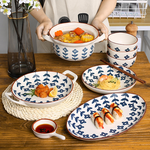 迪一小蓝花餐具釉下彩手绘陶瓷家用菜盘子高颜值面碗复古陶瓷盘碗