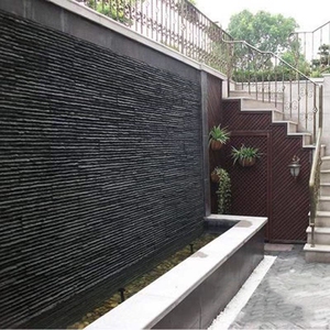 天然青石板水幕墙别墅庭院外墙水池黑色文化石酒店电视背景流水石