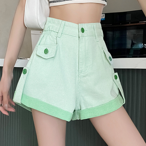 绿色牛仔短裤女夏季2024新款高腰a字版梨型微胖遮胯显瘦花苞阔腿