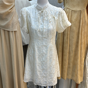 十三行新款新中式泡泡袖白色蕾丝短裙短袖国风连衣裙女小个子裙子