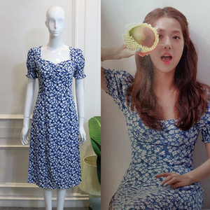 fyog blackpink jisoo金智秀同款方领复古碎花连衣裙法式夏季长裙
