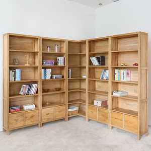 榆木转角书架组合橡木书柜落地拐角柜实木柜墙角柜抽屉柜家具定制