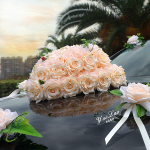 主婚车装饰车头花结婚车中式布置套装迎亲双心车头花车吸盘式公仔