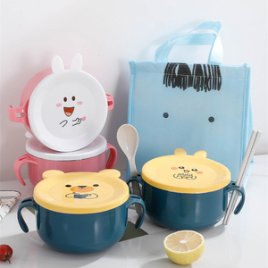不锈钢泡面碗学生卡通宿舍带盖单个家用碗筷套装饭盒韩式可爱便当