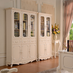 简约欧式玻璃门自由组合书柜白色书架组装 三门客厅格子柜书柜
