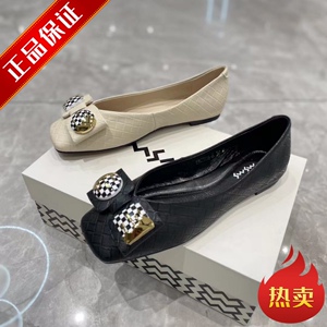 玛莎玛索2022春夏新款真皮平底单鞋欧货棋盘格浅口方头蝴蝶结瓢鞋