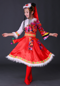 藏族舞蹈服装演出服儿童秋季西藏卓玛藏式衣服长水袖少数民族服装